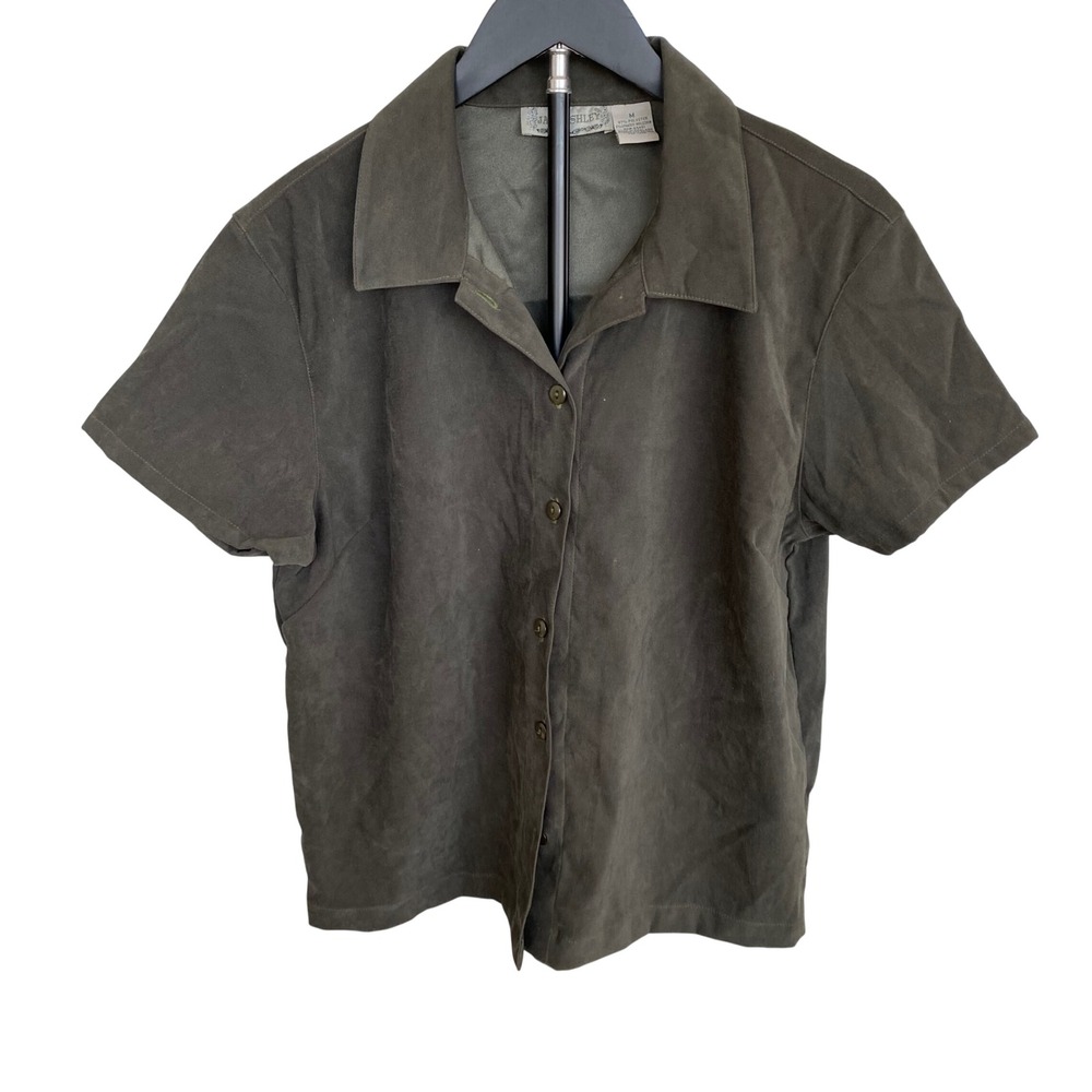 Jane Ashley Womens M Olive Green Moleskin Short Sleeve Button Down Shirt Top